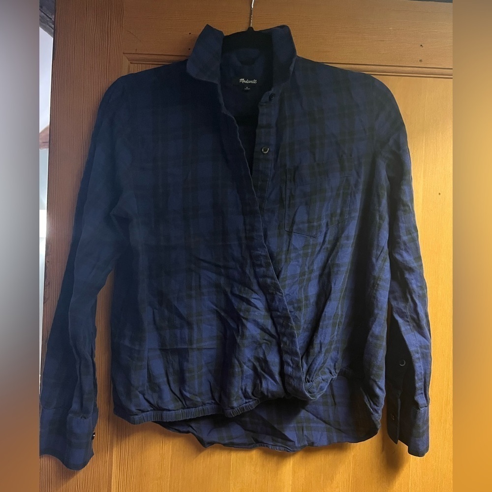 Madewell cotton plaid button down faux wrap shirt women’s small blue black